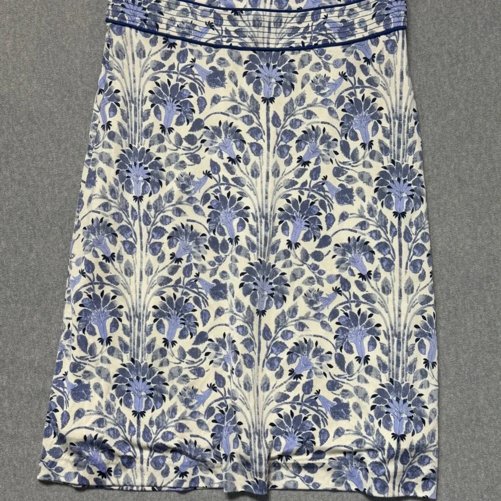 Tory Burch Blue White Floral Silk Sleeveless V-Neck Empire Waist Dress Size M